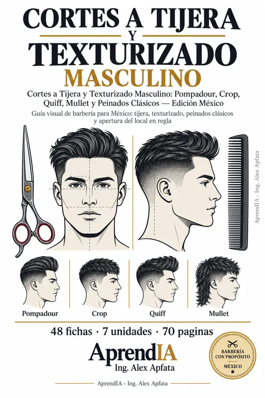 Portada: Cortes a Tijera y Texturizado Masculino: Pompadour, Crop, Quiff, Mullet y Peinados Clásicos — Edición México