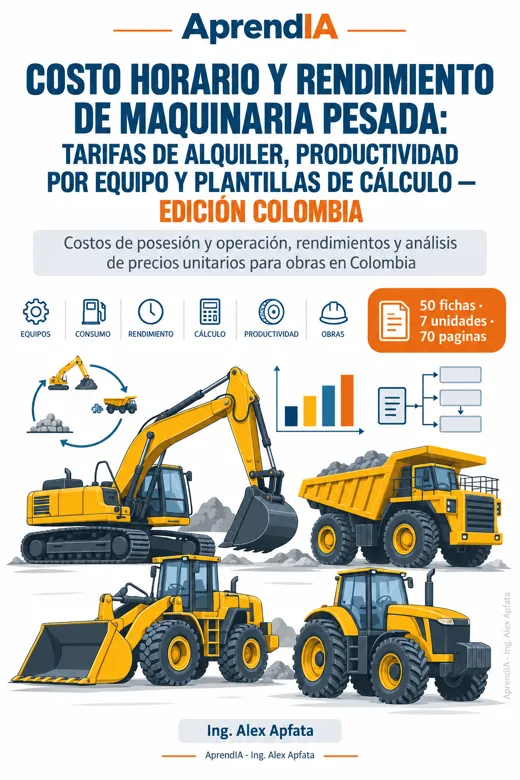 Portada de Costo Horario y Rendimiento de Maquinaria Pesada: Tarifas de Alquiler, Productividad por Equipo y Plantillas de Cálculo — Edición Colombia