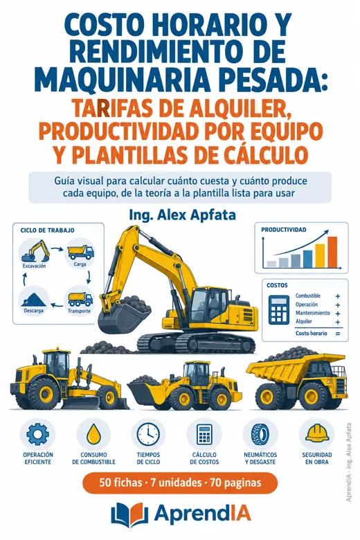 Portada: Costo Horario y Rendimiento de Maquinaria Pesada: Tarifas de Alquiler, Productividad por Equipo y Plantillas de Cálculo