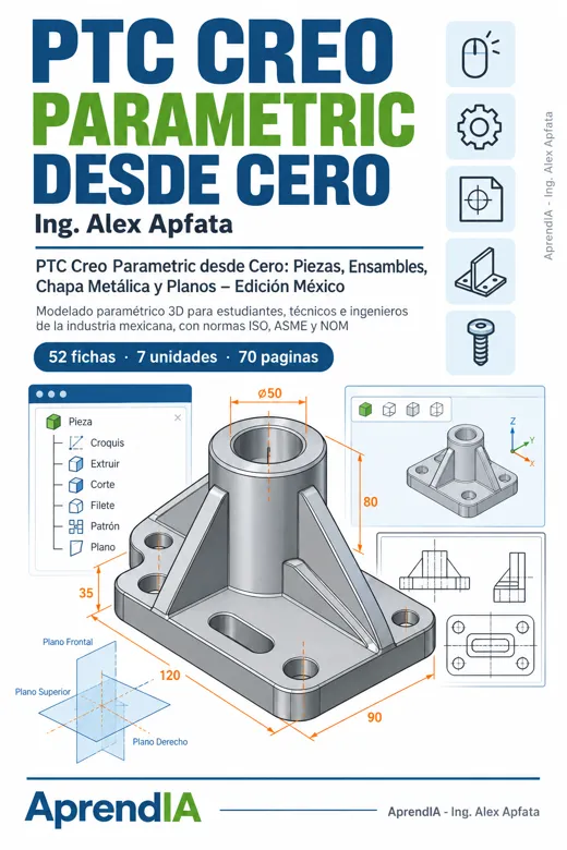 Portada de PTC Creo Parametric desde Cero: Piezas, Ensambles, Chapa Metálica y Planos – Edición México