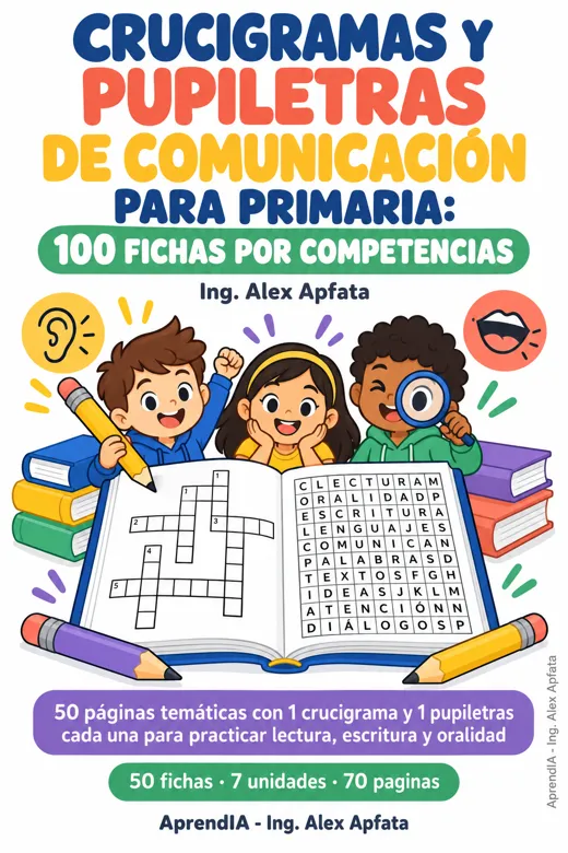 Portada: Crucigramas y Pupiletras de Comunicación para Primaria: 100 Fichas por Competencias