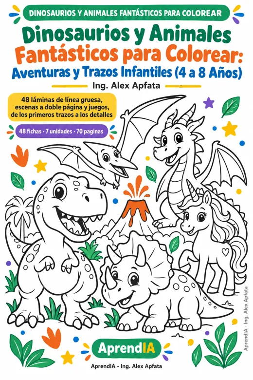 Portada: Dinosaurios y Animales Fantásticos para Colorear: Aventuras y Trazos Infantiles (4 a 8 Años)