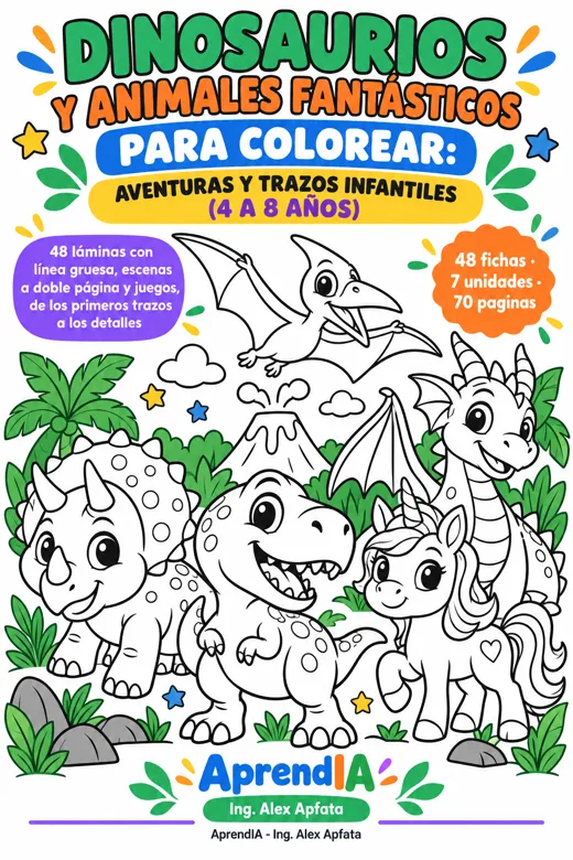 Portada: Dinosaurios y Animales Fantásticos para Colorear: Aventuras y Trazos Infantiles (4 a 8 Años)