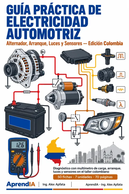 Portada: Guía Práctica de Electricidad Automotriz: Alternador, Arranque, Luces y Sensores — Edición Colombia