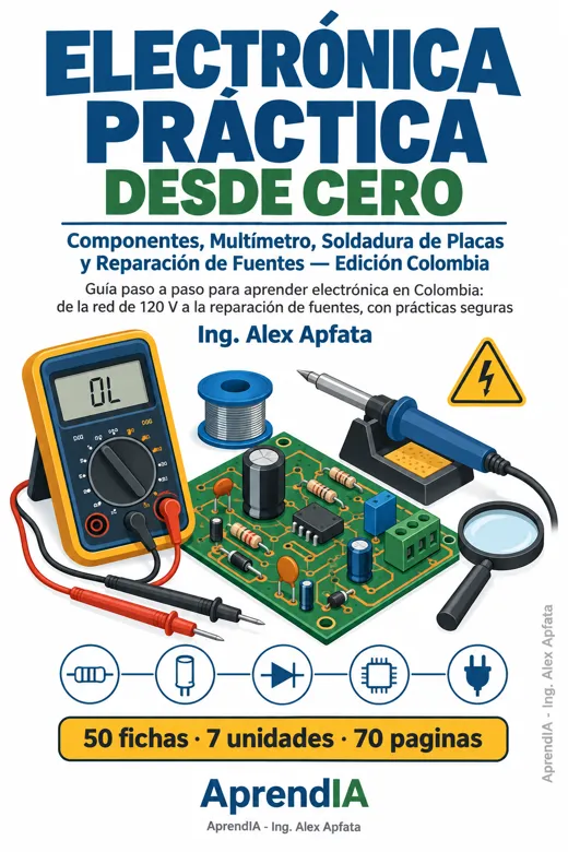 Portada: Electrónica Práctica desde Cero: Componentes, Multímetro, Soldadura de Placas y Reparación de Fuentes — Edición Colombia