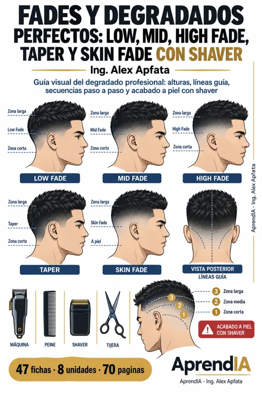 Portada: Fades y Degradados Perfectos: Low, Mid, High Fade, Taper y Skin Fade con Shaver