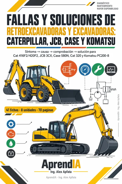 Portada: Fallas y Soluciones de Retroexcavadoras y Excavadoras: Caterpillar, JCB, Case y Komatsu