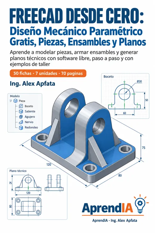 Portada de FreeCAD desde Cero: Diseño Mecánico Paramétrico Gratis, Piezas, Ensambles y Planos