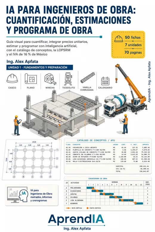Portada de IA para Ingenieros de Obra: cuantificación, estimaciones y programa de obra