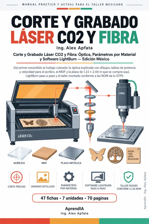 Portada: Corte y Grabado Láser CO2 y Fibra: Óptica, Parámetros por Material y Software LightBurn — Edición México