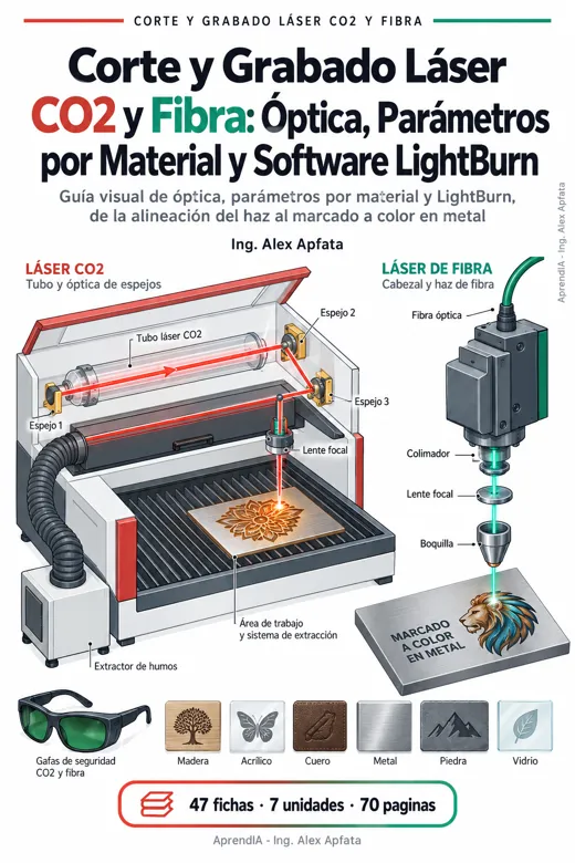Portada: Corte y Grabado Láser CO2 y Fibra: Óptica, Parámetros por Material y Software LightBurn