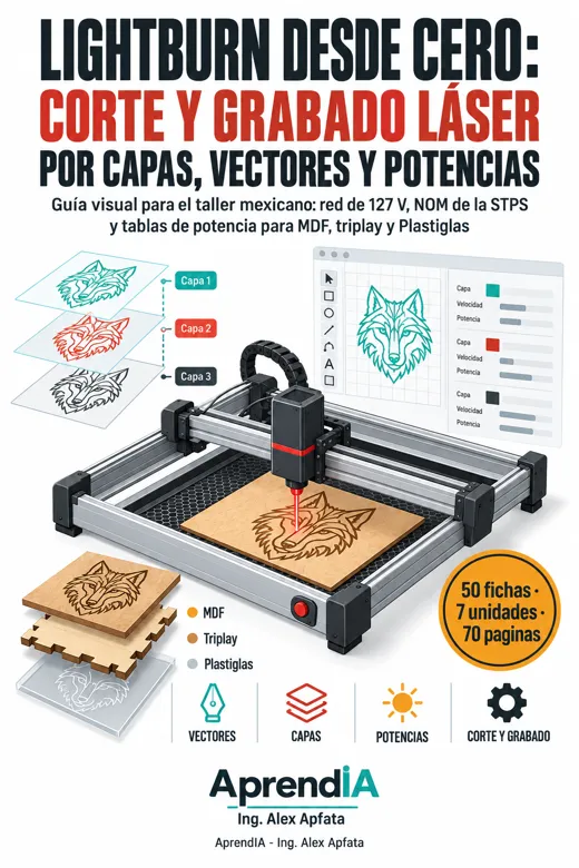 Portada: LightBurn desde Cero: Corte y Grabado Láser por Capas, Vectores y Potencias