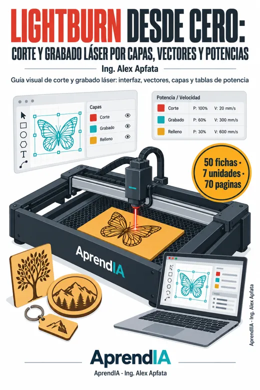 Portada: LightBurn desde Cero: Corte y Grabado Láser por Capas, Vectores y Potencias