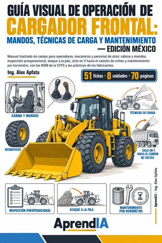 Portada: Guía Visual de Operación de Cargador Frontal: Mandos, Técnicas de Carga y Mantenimiento — Edición México
