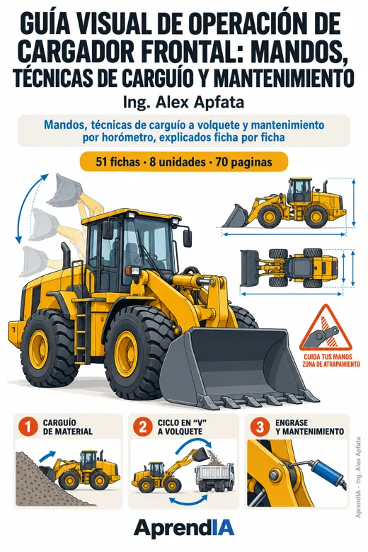 Portada: Guía Visual de Operación de Cargador Frontal: Mandos, Técnicas de Carguío y Mantenimiento