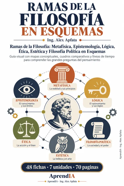 Portada: Ramas de la Filosofía: Metafísica, Epistemología, Lógica, Ética, Estética y Filosofía Política en Esquemas