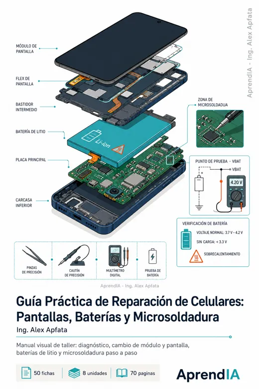 Portada de Guía Práctica de Reparación de Celulares: Pantallas, Baterías y Microsoldadura