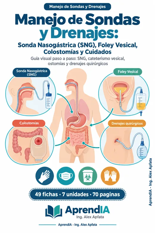 Portada: Manejo de Sondas y Drenajes: Sonda Nasogástrica (SNG), Foley Vesical, Colostomías y Cuidados